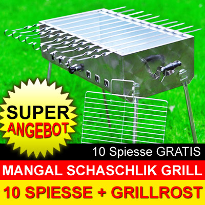 Mangal Mega stainless steel Schaschlik Grill + 10 Shampurov
