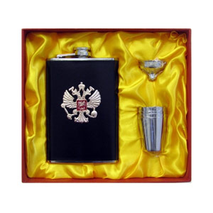 Flachmann Set - Wappen goldener Adler auf Leder - 250ml.