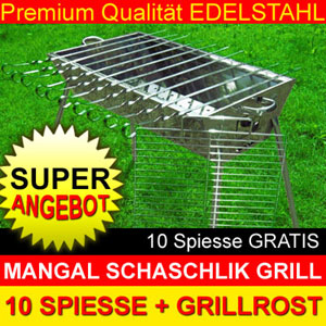 Mangal PREMIUM Edelstahl Schaschlik Grill + 10 Spiesse