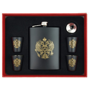 Flachmann Set - Russland Wappen gold auf schwarz - 210ml.